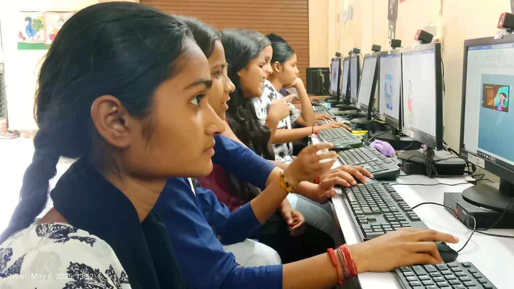 Students learning digital education at Renukiran Learning Pod.