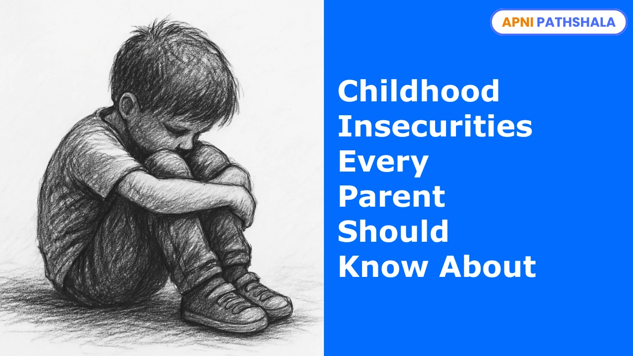 This image depicts a sad child sitting alone, emphasizing childhood insecurities. The accompanying text explains the title