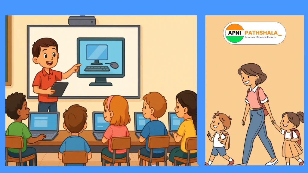 Illustration showing students teaching each other in a tech-enabled classroom without a formal teacher.