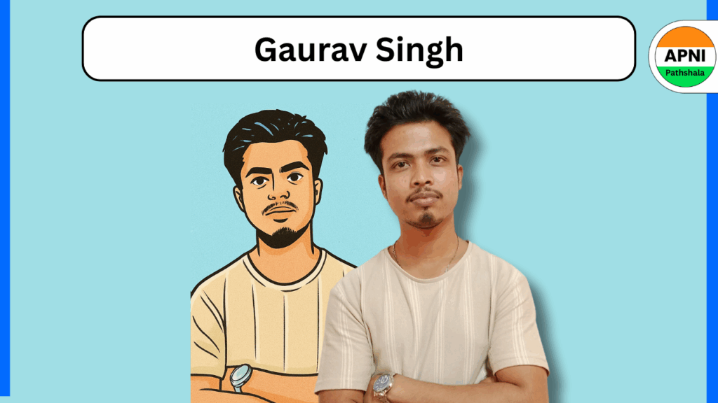 A side-by-side comparison of Gaurav, displaying his comic illustration alongside a real-life photograph.