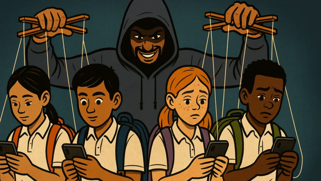 Illustration of school students using mobile phones unaware of a hacker tracking behind them