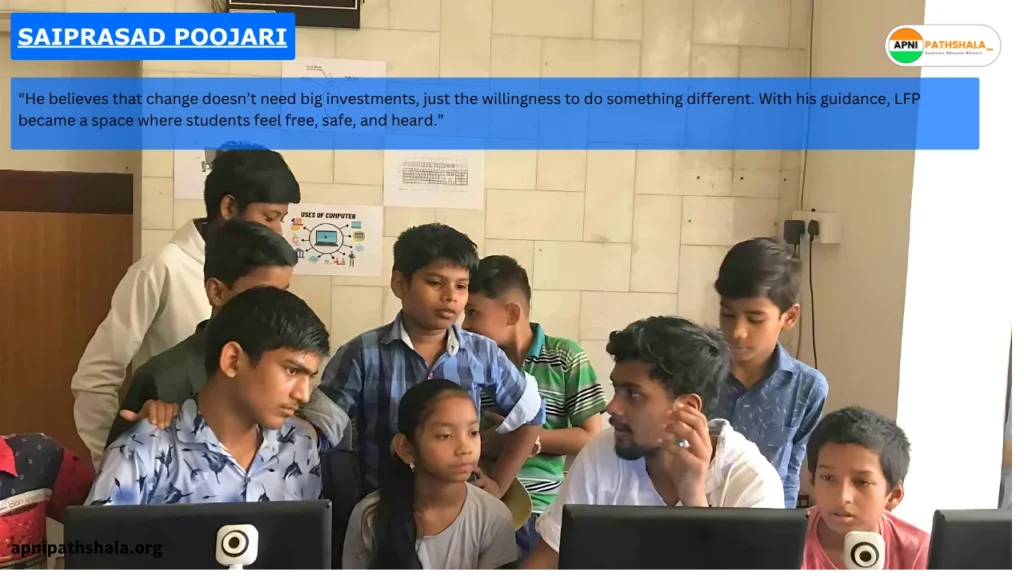 Saiprasad is teaching children, with text written above.