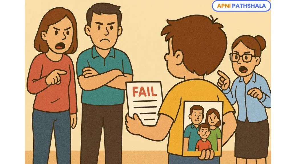 A cartoon-style digital illustration shows a young boy standing nervously in front of his angry parents and teacher. The teacher is holding a paper labeled “FAIL” while pointing at the boy, who is hiding a colorful family drawing behind his back. The scene takes place indoors, with all characters standing, expressing tension and disapproval.