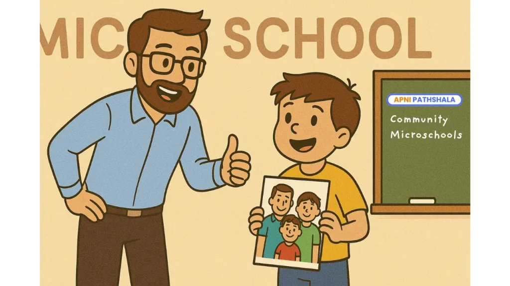 A cartoon-style illustration shows a happy young boy proudly holding a drawing of his family while standing next to a smiling male teacher giving a thumbs-up. The background features a chalkboard and the word “MICROSCHOOL” written on the wall, creating a warm and supportive classroom environment.
