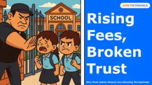 A cartoon illustration of a security guard stopping two children from entering a school gate one girl crying and her brother looking angry. The scene reflects real-life incidents like the Dwarka school controversy. The right side features bold text: "Rising Fees, Broken Trust.
