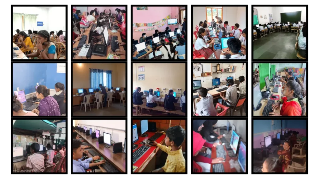 Collage of multiple active PODs across India showing students learning on computers in various community digital classrooms