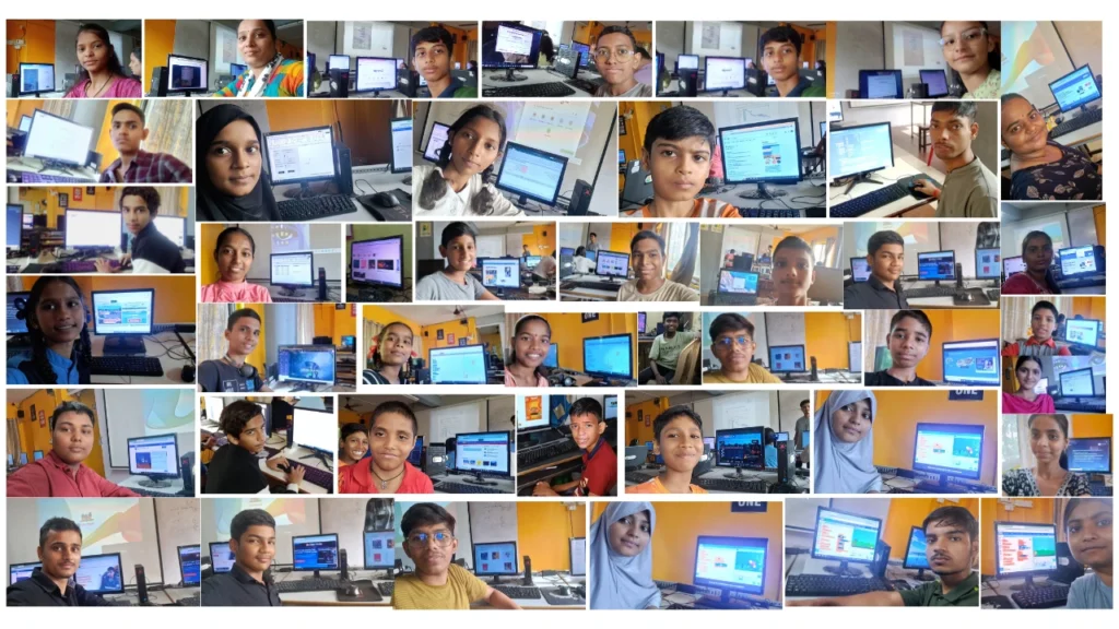 A Collage of Indian students happily learning using Apna PC in various classroom settings