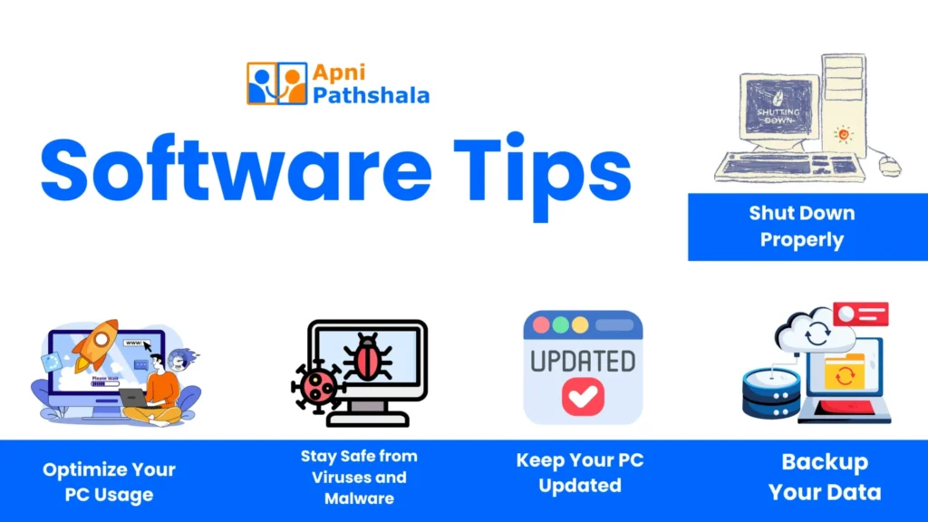 Software tips to take care of your computer – shut down properly, optimize PC usage, stay safe from viruses and malware, keep your PC updated, and back up your data.
