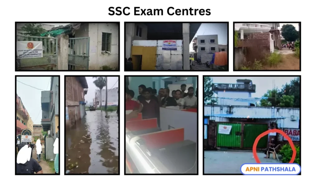 Shocking visuals of SSC exam centers across India, exposing poor infrastructure, waterlogging, cramped spaces, and mismanagement that fueled nationwide student outrage.
