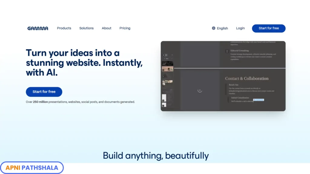 gamma ai website creation image