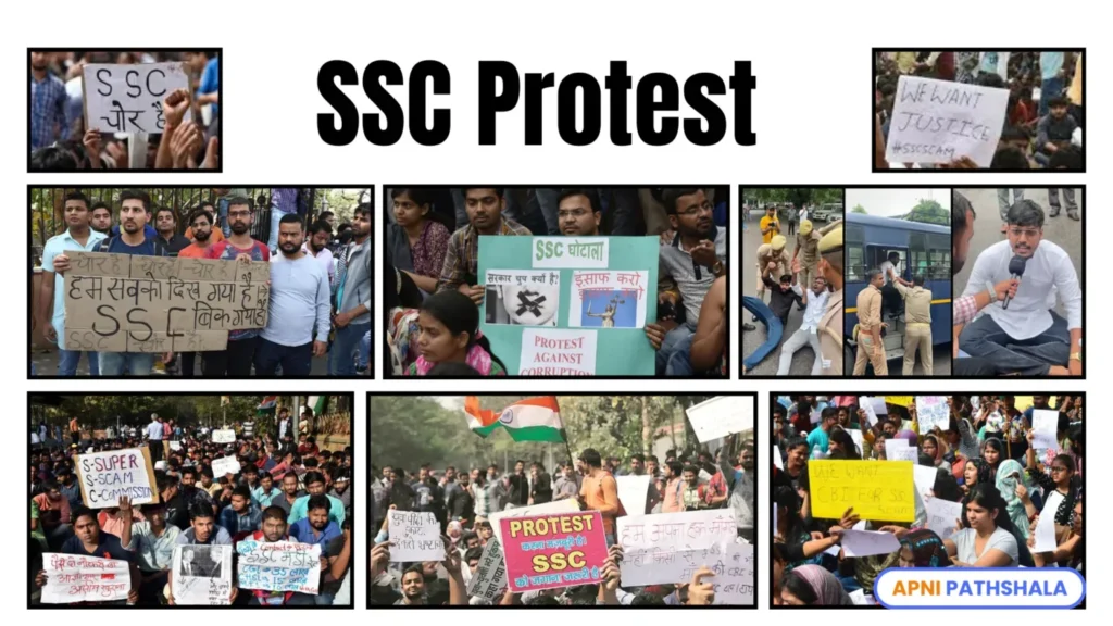 A collage of SSC protest scenes from across India showing students and teachers holding banners, confronting police, and demanding fairness, transparency, and accountability in SSC exams.