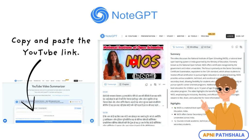 Screenshot of NoteGPT summarizing a YouTube lecture about NIOS, highlighting AI-powered homeschool assessment and smart educational content for students.