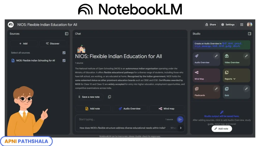 Screenshot of Google NotebookLM organizing NIOS notes into summaries, demonstrating intelligent homeschool software and AI-assisted homeschool planning.