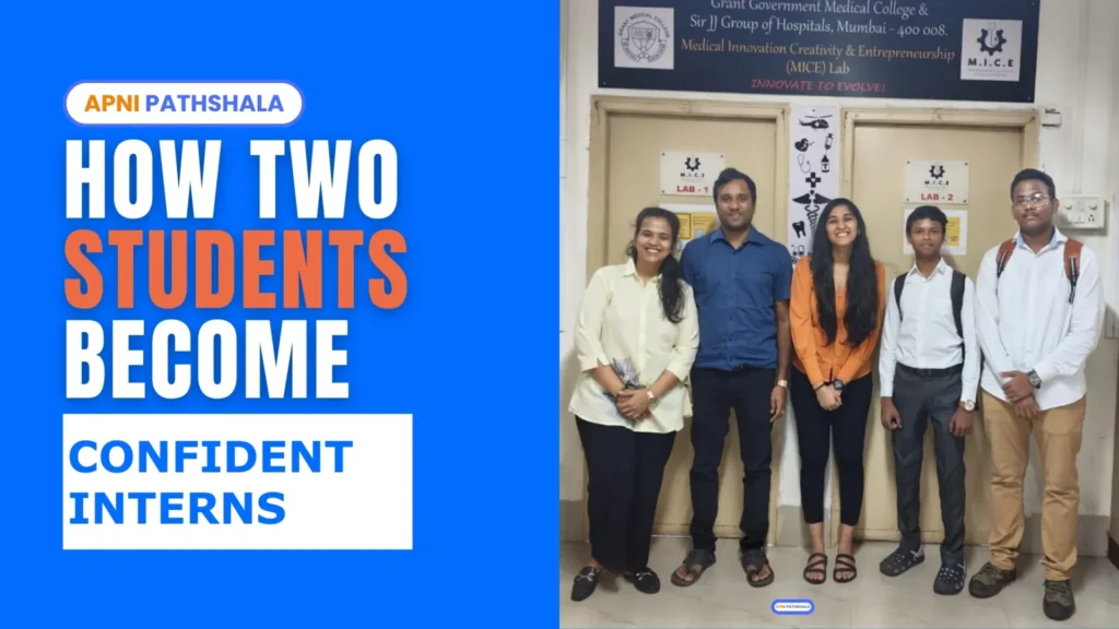 How two Students become confident intern, Real image of Shahid Khan and Meraj Khan with BeyondChats founders Simran Jain and Pankaj Banrwal at JJ Hospital, celebrating their internship success.