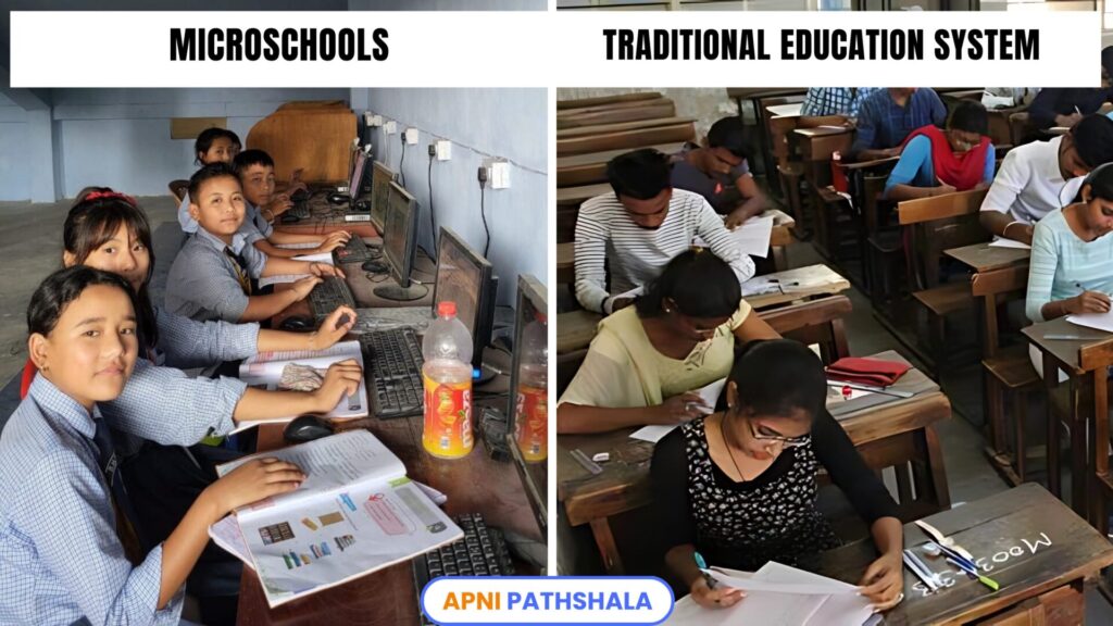 Comparison between microschools and the traditional education system, emphasizing small class sizes, project-based learning, and individualized attention in microschools versus rote learning and large class sizes in the traditional system.