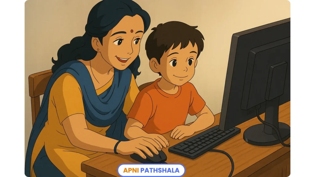 Illustration of a mother teaching her child at home on a computer, representing AI homeschooling, parental guidance, and digital learning assistants.