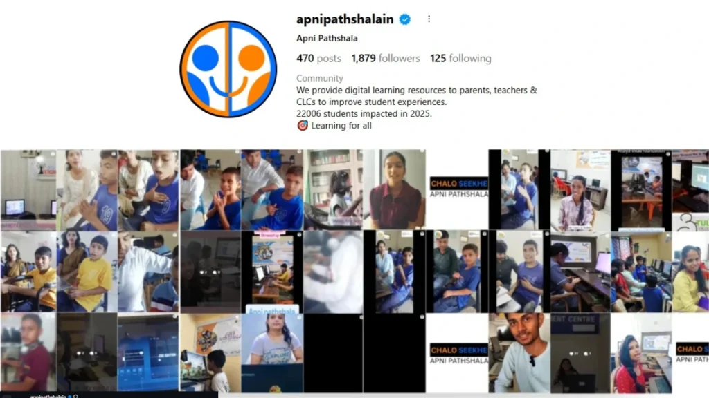 Screenshot of Apni Pathshala’s Instagram profile showing the Chalo Seekhe campaign reels, with students from different PODs sharing what they learned.