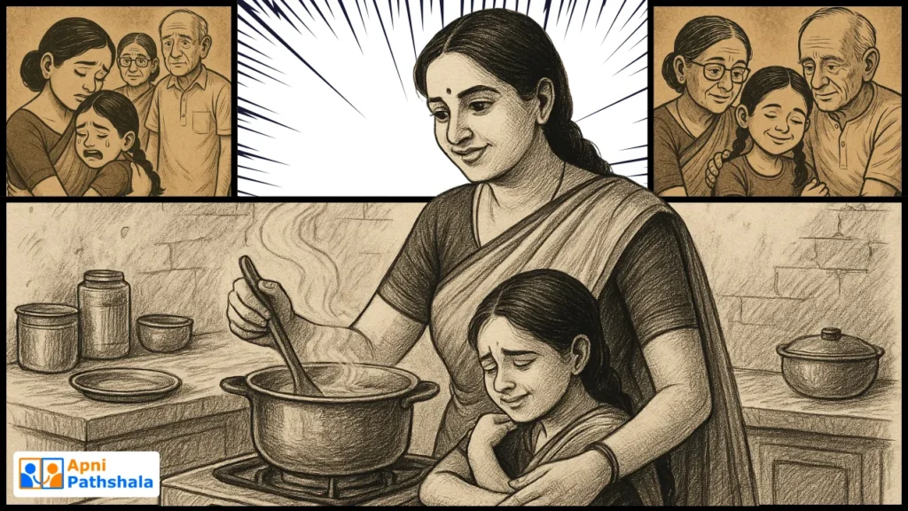 A housewife comforting her child while managing kitchen chores, showing the emotional struggles and strength of a mother balancing family responsibilities.
