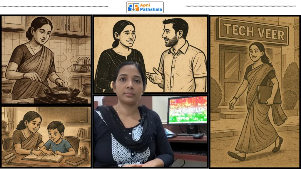 A housewife (Sony Hardeep Patel) teaching students and learning computer skills at Tech Veer, highlighting her digital empowerment through Apni Pathshala.