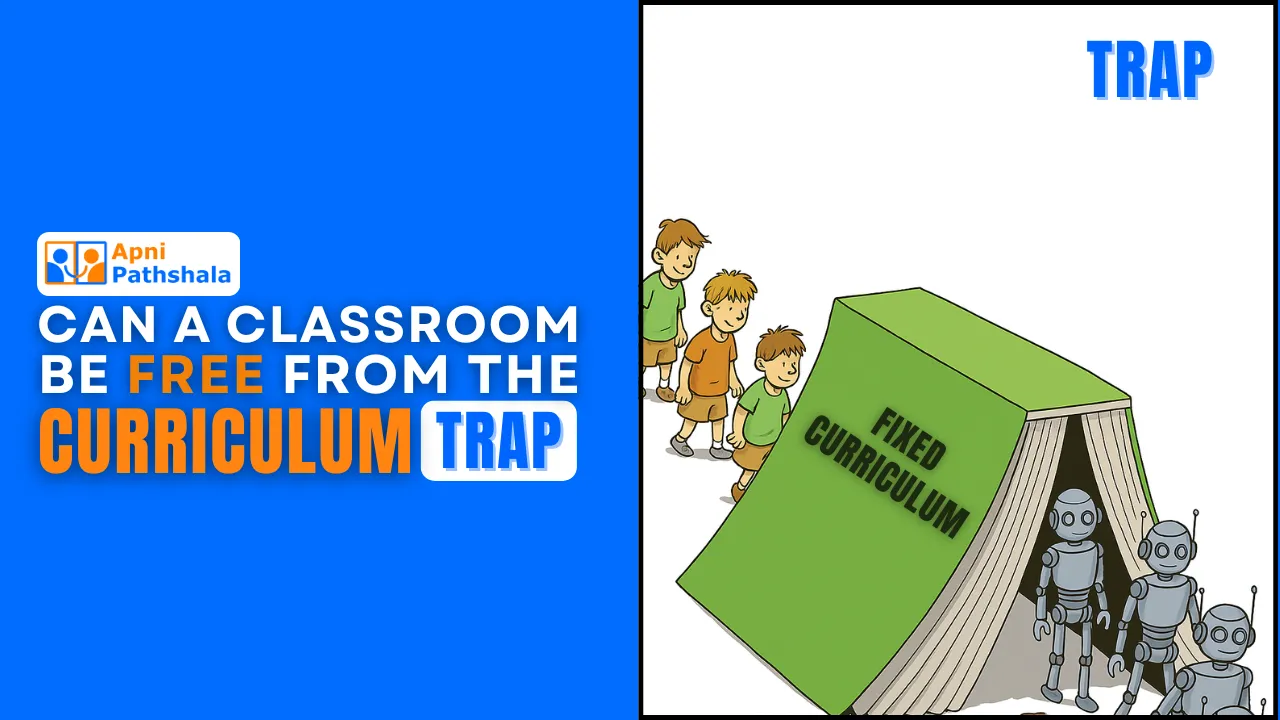 A creative illustration showing children turning into robots under a fixed curriculum, highlighting the idea of freeing classrooms from rigid learning systems.