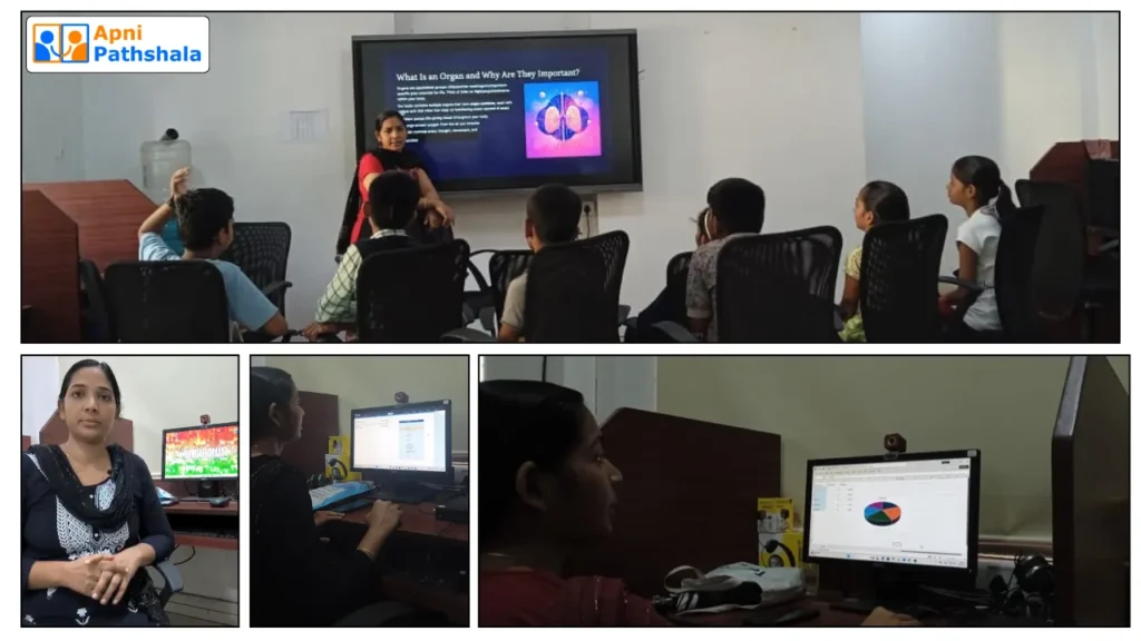 A housewife restarting her life by learning computers at Tech Veer, encouraged by her mentor, showing her transformation from homemaker to confident student.
