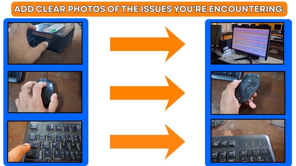 Close-up photos showing common computer hardware issues such as a CPU not powering on, a mouse not clicking, keyboard keys not working, and a monitor displaying colorful lines or a blank screen, for Computer Complaints