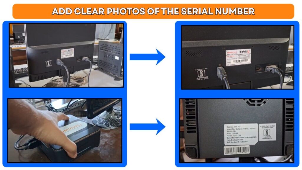 Clear photos of computer and monitor serial number labels shown from the back of the device, highlighting where to find and capture serial numbers for Computer Complaints