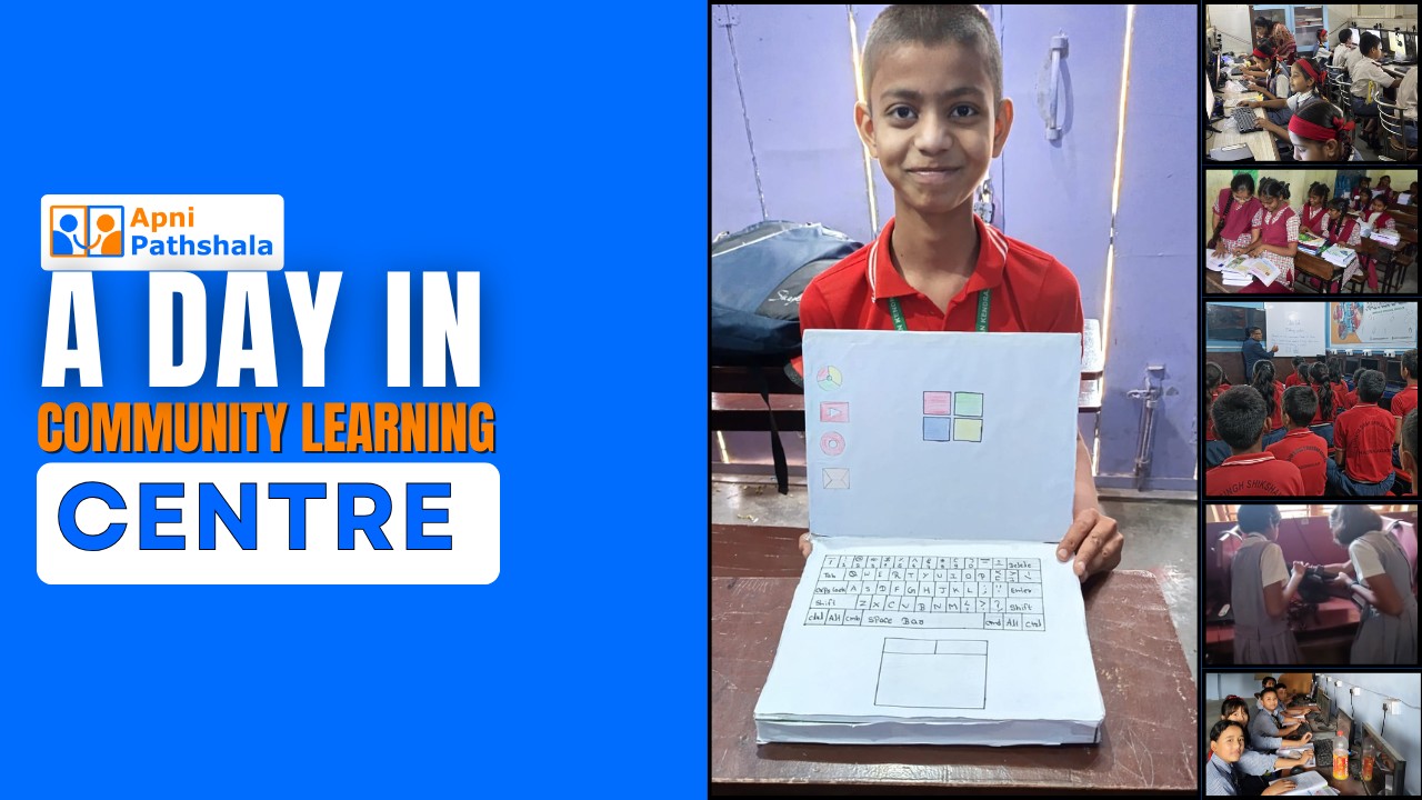 Inside a Community Learning Centre POD in India showing students learning collaboratively