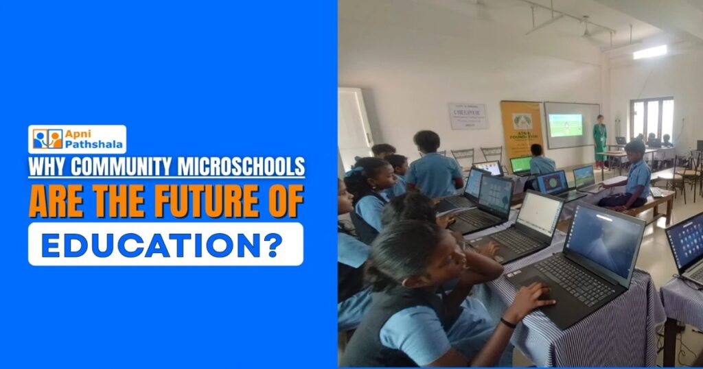 Community microschool classroom with students using laptops for digital learning.