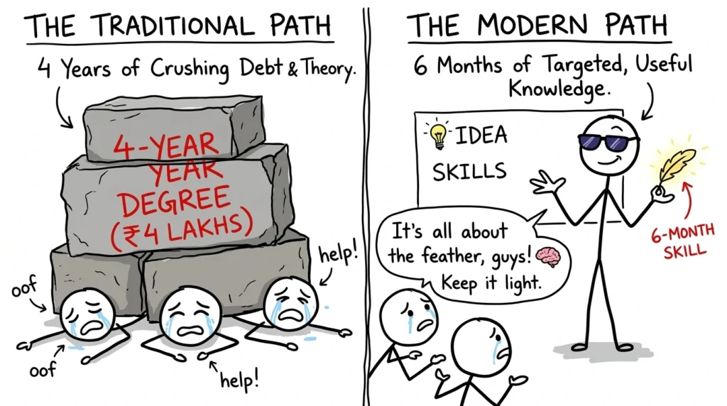 Traditional 4-year degree vs modern 6-month skill-based learning path for careers