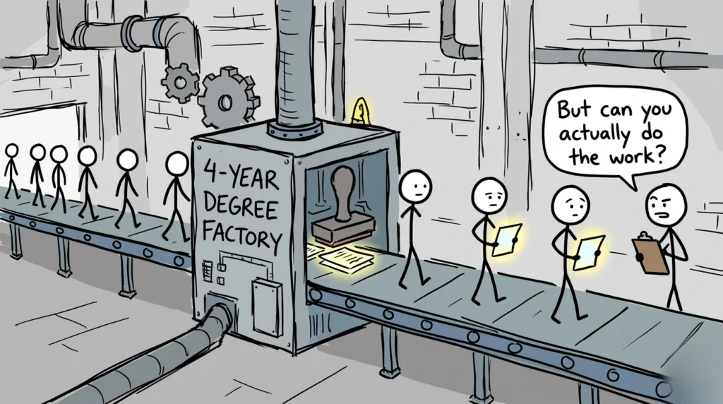 Students graduating from a four-year degree factory while employers ask for real skills