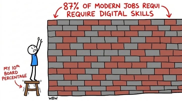 Student with 10th board percentage unable to reach wall showing jobs requiring digital skills