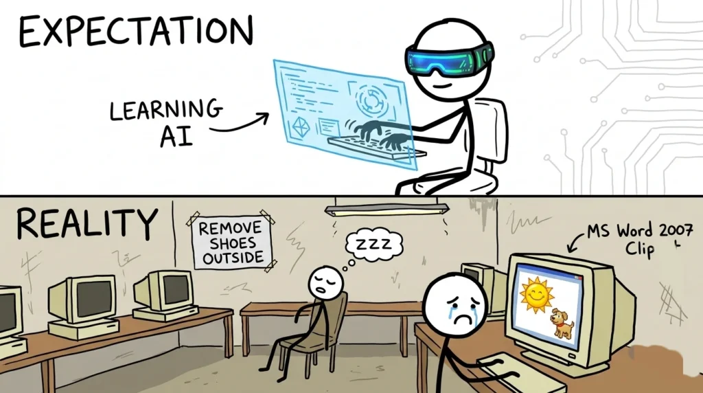 Expectation vs reality of learning AI with outdated computer training in classrooms