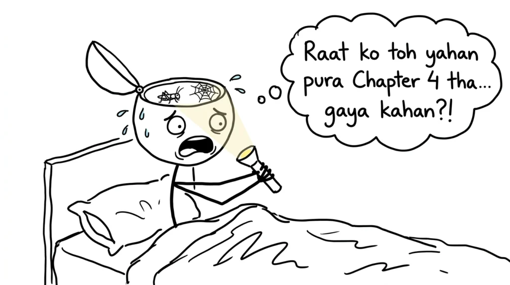 Student confused in bed, forgetting studied chapter, illustrating memory loss after studying