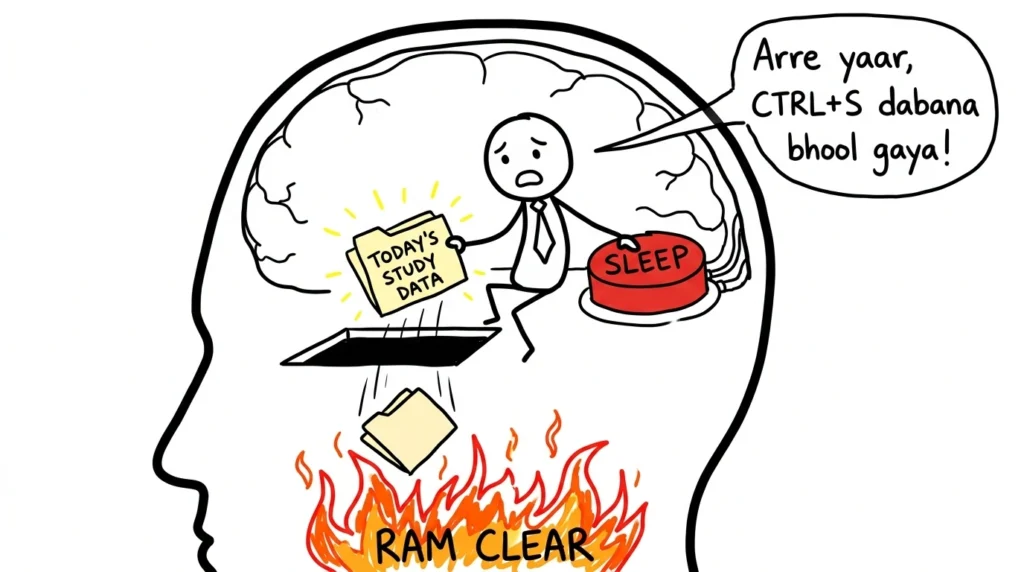 Brain forgetting study data after sleep, showing “RAM clear” concept humor