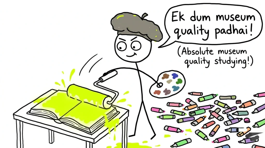 Student highlighting book excessively, showing ineffective study methods