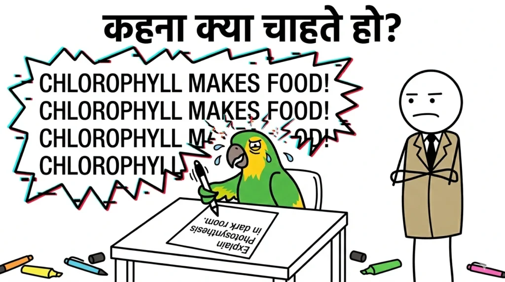 Parrot repeating “chlorophyll makes food,” showing rote learning without understanding