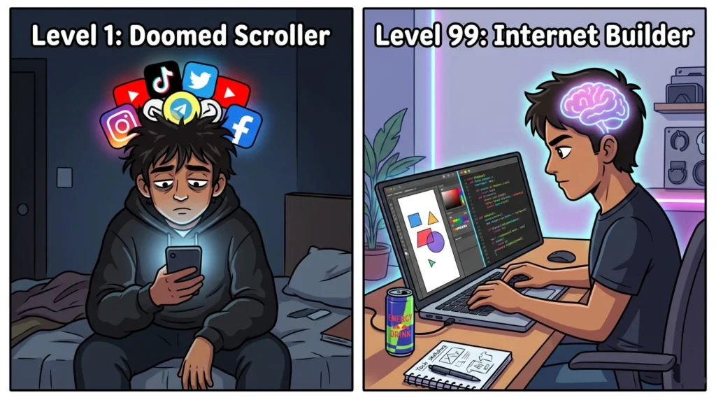 Comparison of social media scrolling vs productive coding showing growth from consumer to creator
