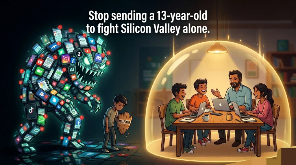 Child overwhelmed by social media and AI vs guided digital learning with family support