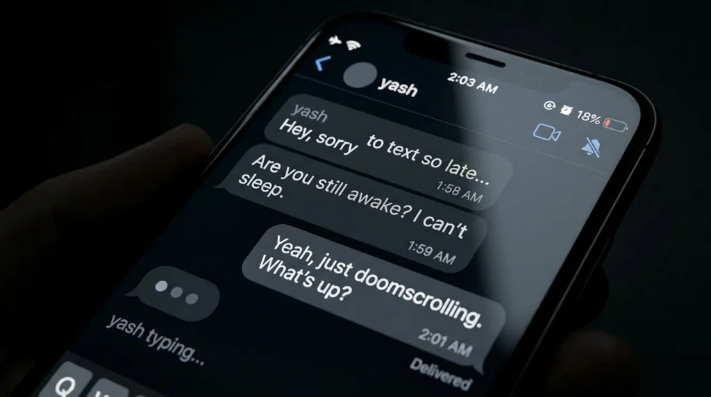 Late-night smartphone chat showing messages about staying awake and doomscrolling on social media