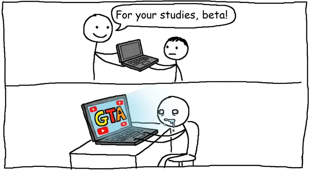 Child using laptop for games instead of studies