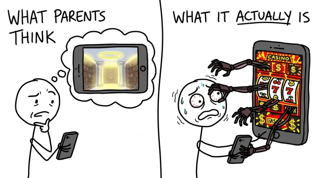 Illustration comparing a smartphone as a library versus a casino for students