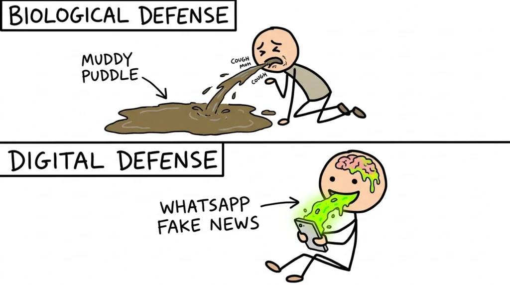 Illustration comparing biological defense with digital defense against WhatsApp fake news
