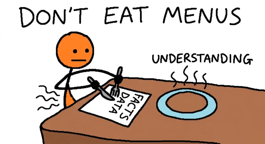 Student trying to eat facts data instead of understanding concept (don’t eat menus analogy)