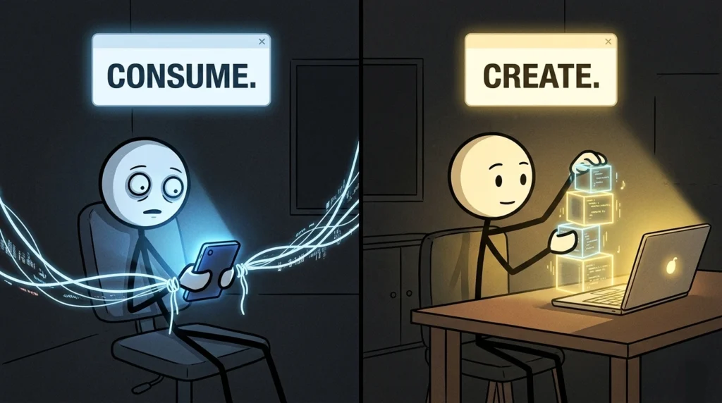 Student consuming content on phone vs creating using laptop, digital learning comparison