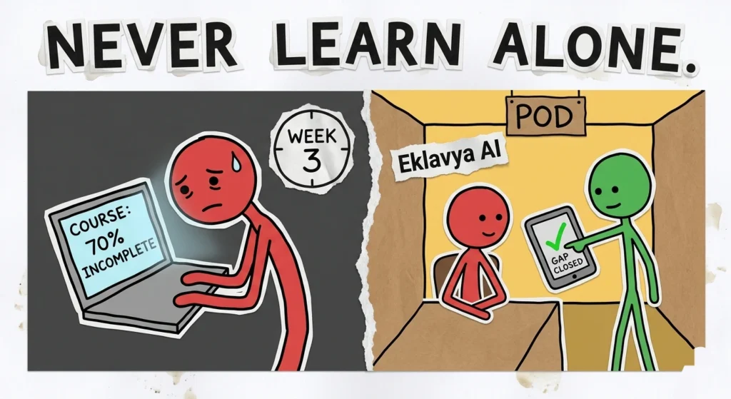 Student struggling alone vs guided learning with AI and mentor