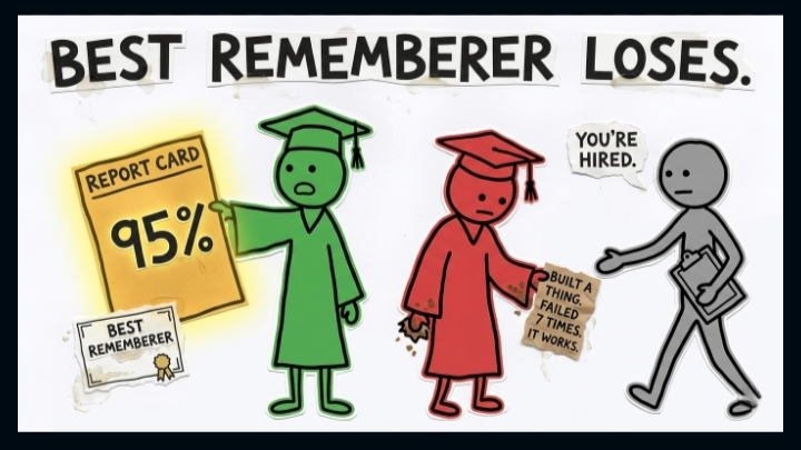 Cartoon comparing memorization-based success with real-world skills and innovation.