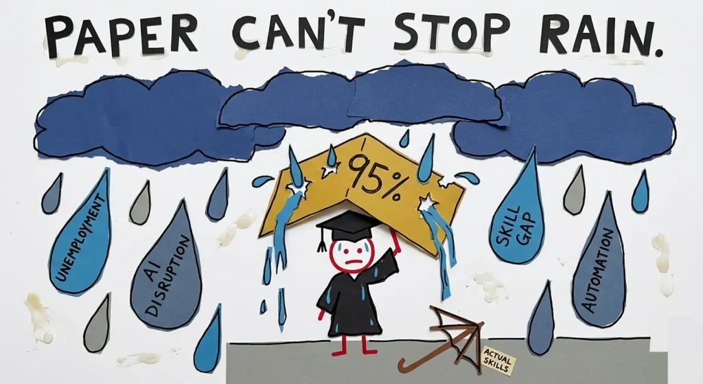 Cartoon showing report card marks failing to protect students from future challenges.