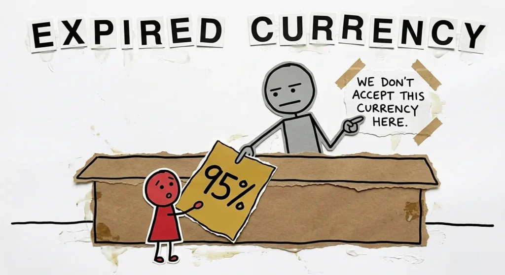 Illustration showing school marks as “expired currency” in the modern world.