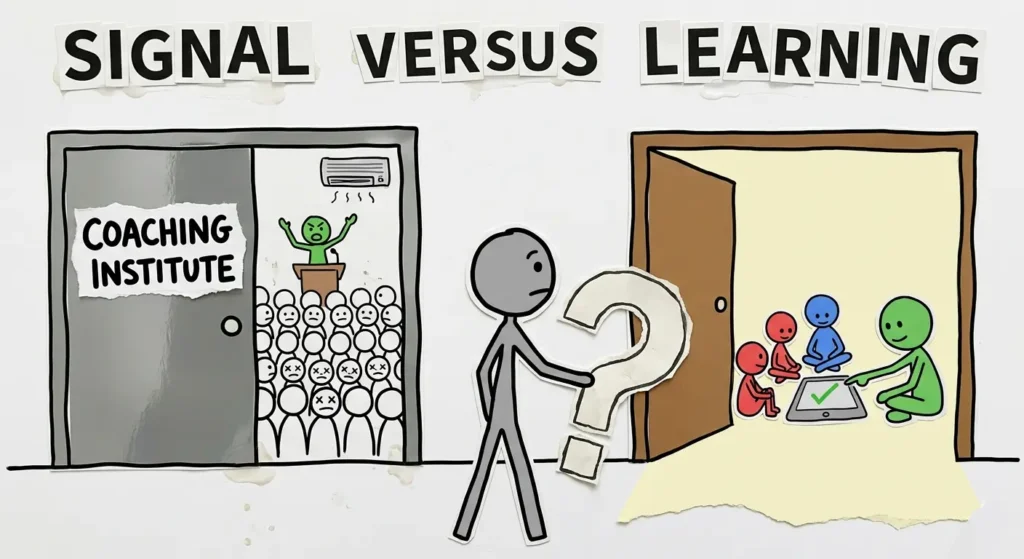 Student confused between crowded coaching institute and small interactive learning space